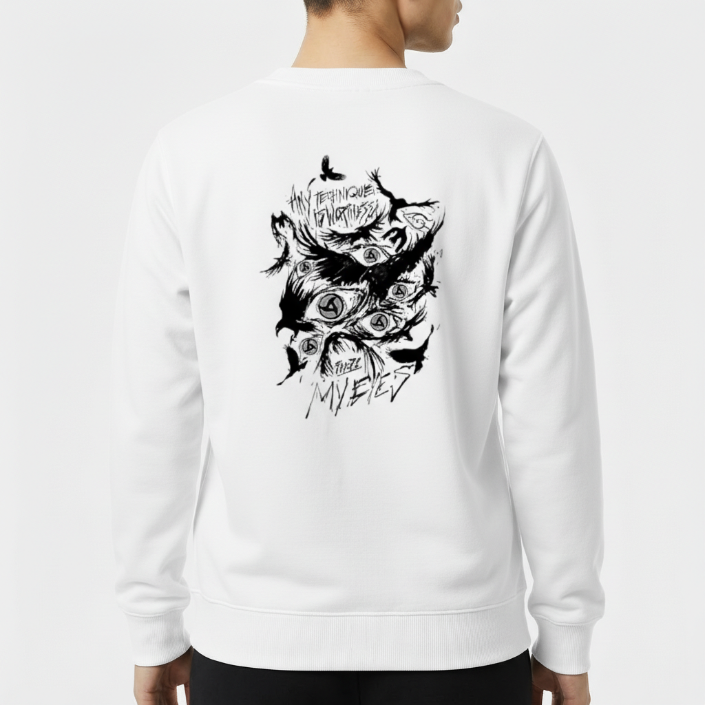 Moletom com estampa frontal de olho com asas em estilo dark e estampa traseira de ilustração abstrata com faces e olhos, acompanhada de texto artístico.