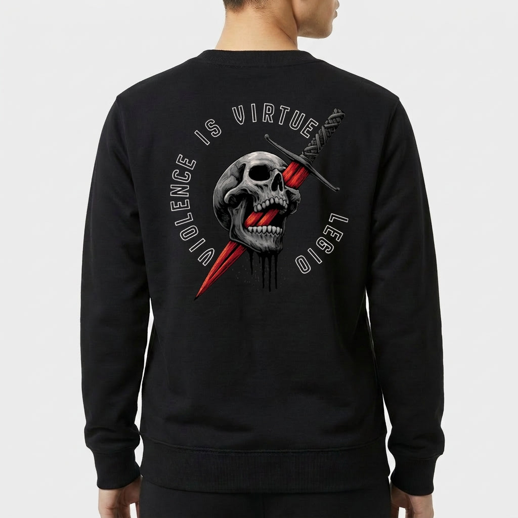 Moletom com estampa frontal de "Violence is Virtue Legio" em texto e estampa traseira de crânio perfurado por espada, texto circundante "Violence is Virtue Legio".