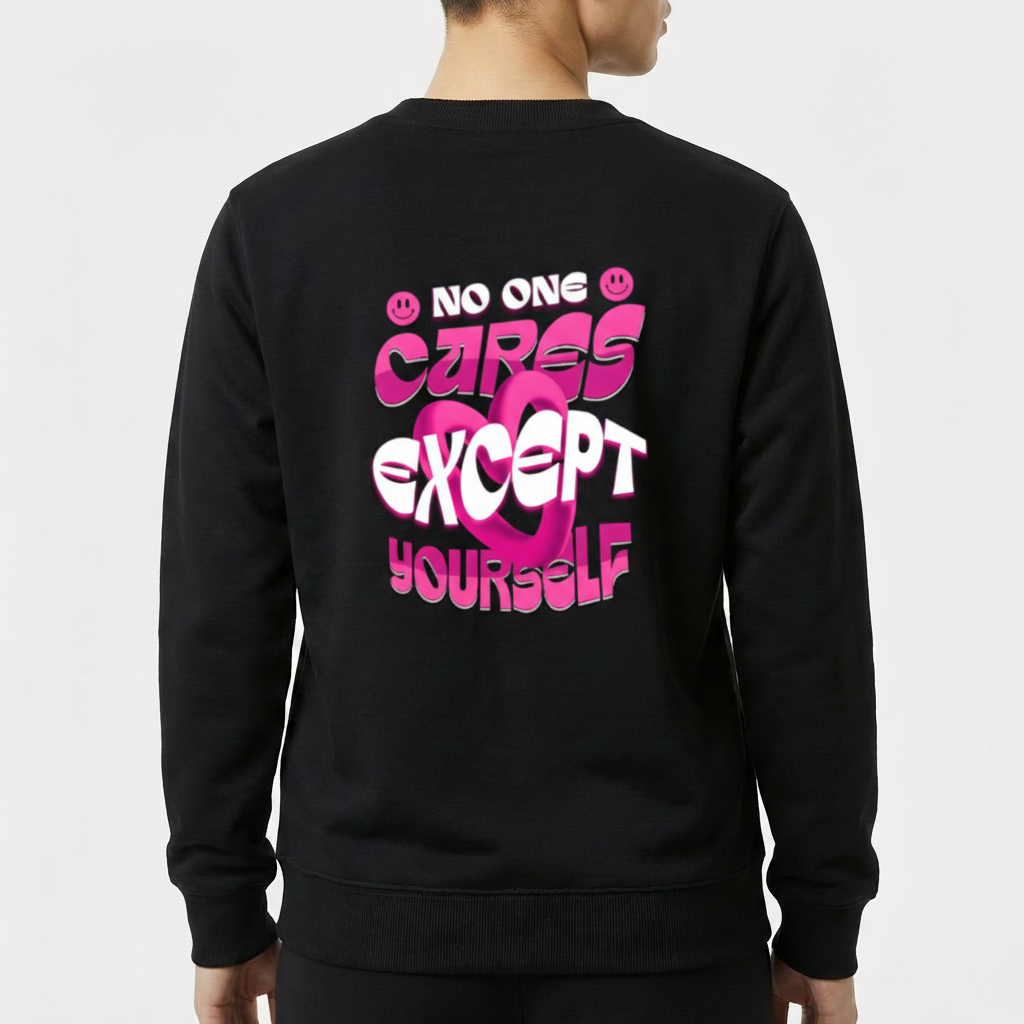 Moletom com estampa traseira de texto estilizado "No One Cares Except Yourself" adornado por símbolos de smiley, criando uma composição arrojada.