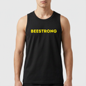 Regata com estampa frontal de "BEESTRONG" em escrita marcante e estampa traseira de abelha musculosa levantando halteres, ilustrando força e determinação.