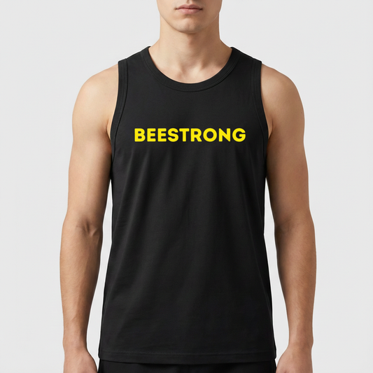 Regata com estampa frontal de "BEESTRONG" em escrita marcante e estampa traseira de abelha musculosa levantando halteres, ilustrando força e determinação.