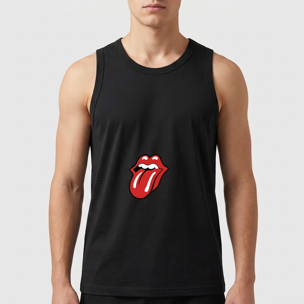 Camiseta regata com estampa frontal de boca com língua de fora, em estilo icônico e detalhado, representando lábios contornados e expressão marcante.