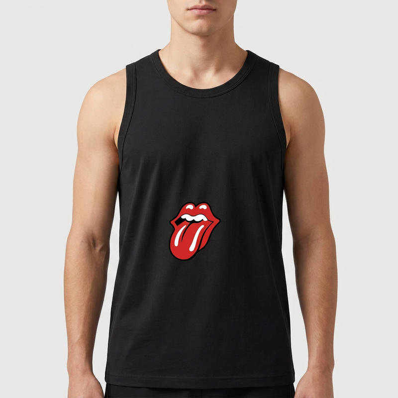 Camiseta regata com estampa frontal de boca com língua de fora, em estilo icônico e detalhado, representando lábios contornados e expressão marcante.