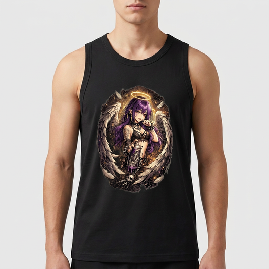Regata com estampa frontal de anjo estilizado com asas, auréola, cabelo longo segurando uma arma, cercado por detalhes sombrios e ornamentais.