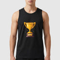 Camiseta regata com estampa frontal de troféu dourado detalhado sobre uma base de madeira, adicionando um toque de conquista e brilho ao design.