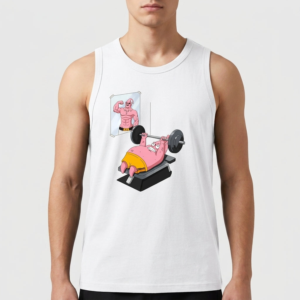 Camiseta regata com estampa frontal de um personagem rosa levantando peso em banco de academia, com espelho refletindo figura musculosa ao fundo.