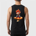 Regata com estampa frontal de garrafa com rótulo de cogumelo vermelho e estampa traseira de duende de cabelo vermelho sentado em cogumelo grande.