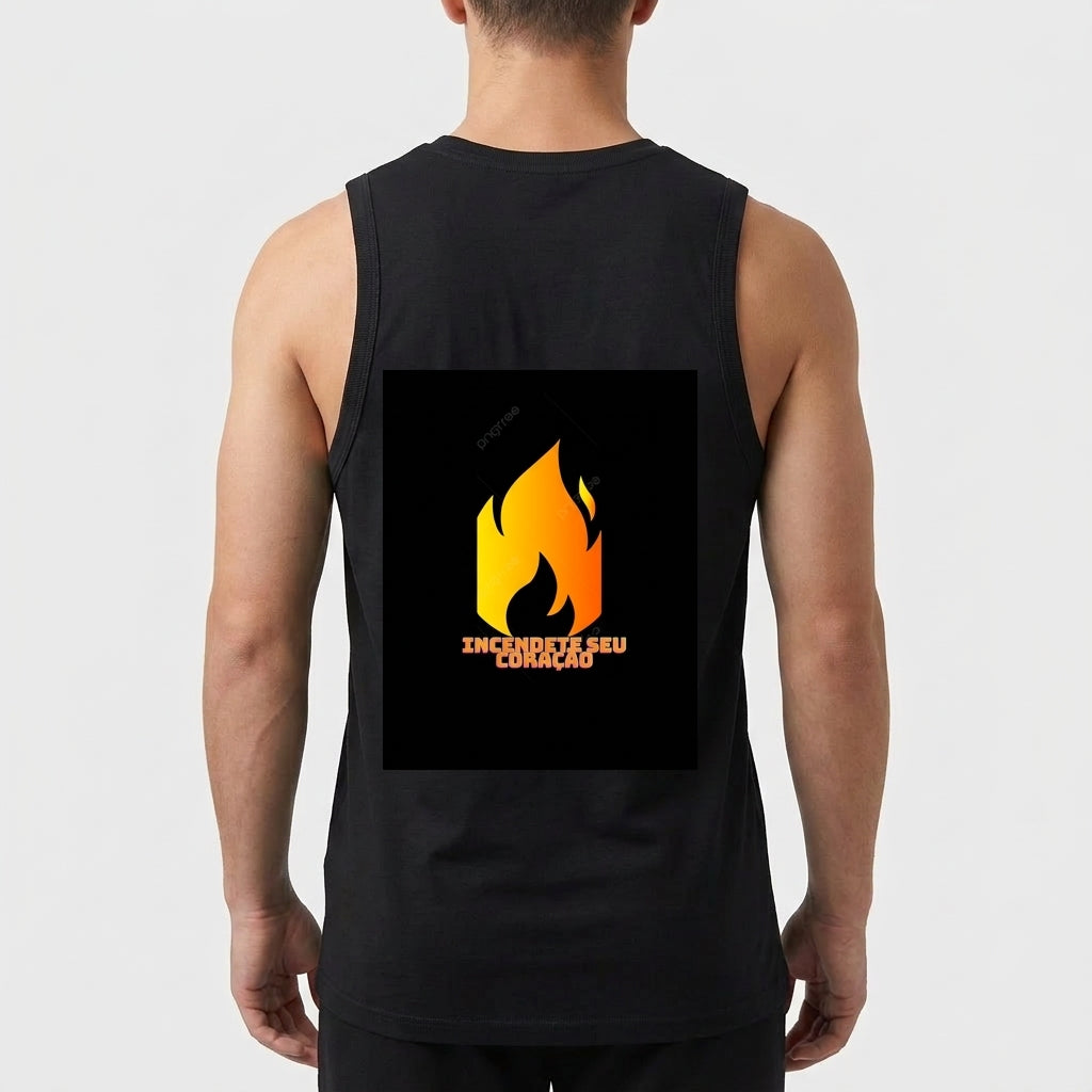 Camiseta regata com estampa frontal de uma pequena chama estilizada e estampa traseira de uma grande chama com texto na base, criando destaque visual.