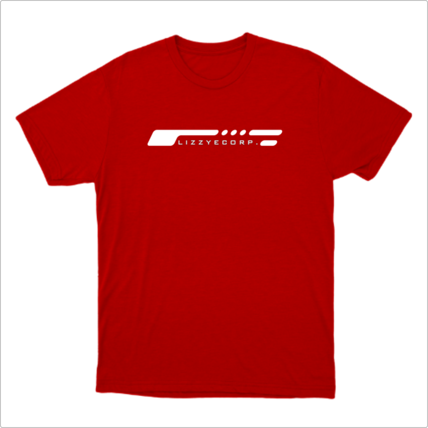 Camiseta com estampa frontal de linhas horizontais estilizadas seguidas do texto "LIZZYECORP." em uma fonte moderna, criando um visual minimalista.