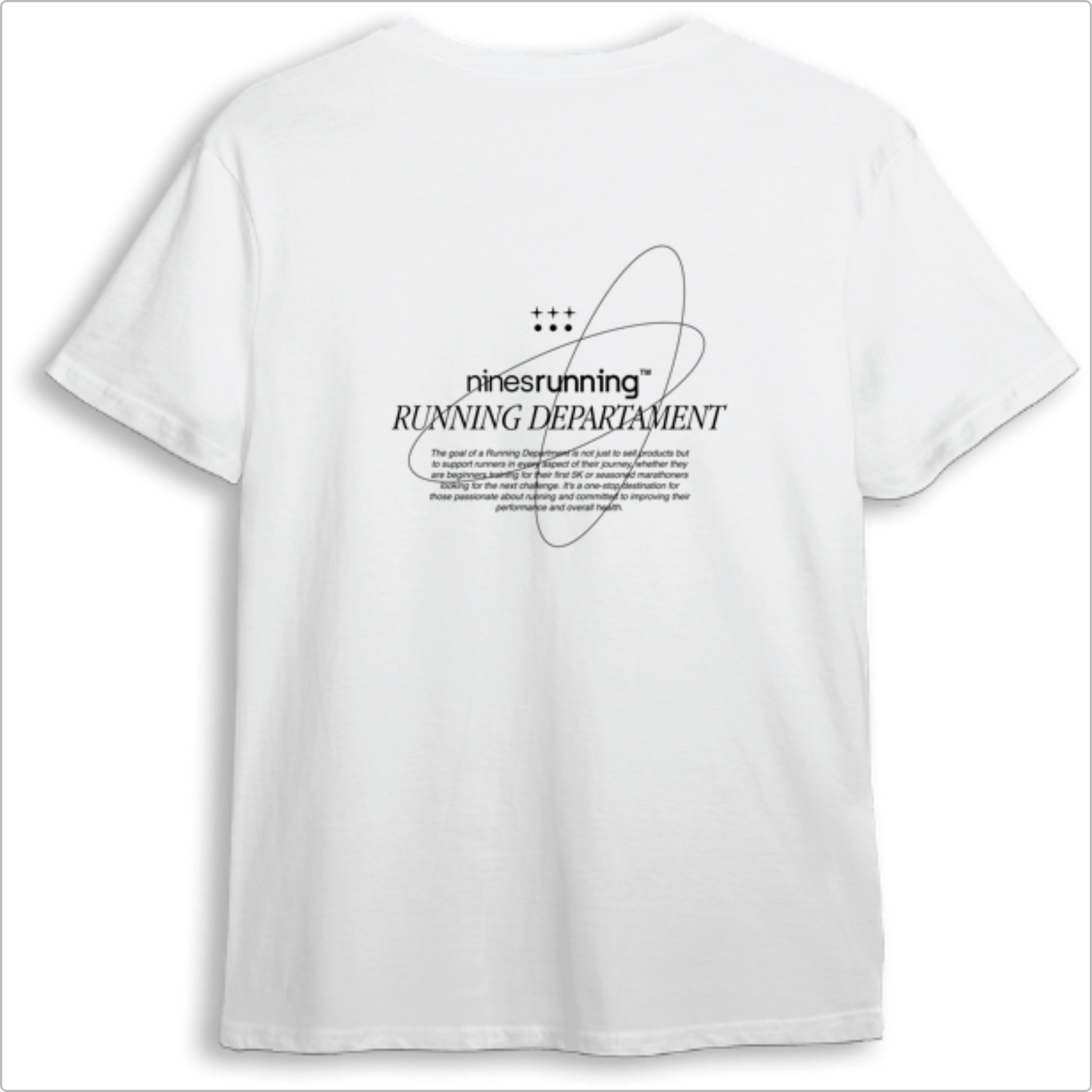 Camiseta com estampa frontal de "ninesrunning RUNNING DEPARTMENT" acompanhada por ícones, e estampa traseira com mesma frase, ícones e texto explicativo.