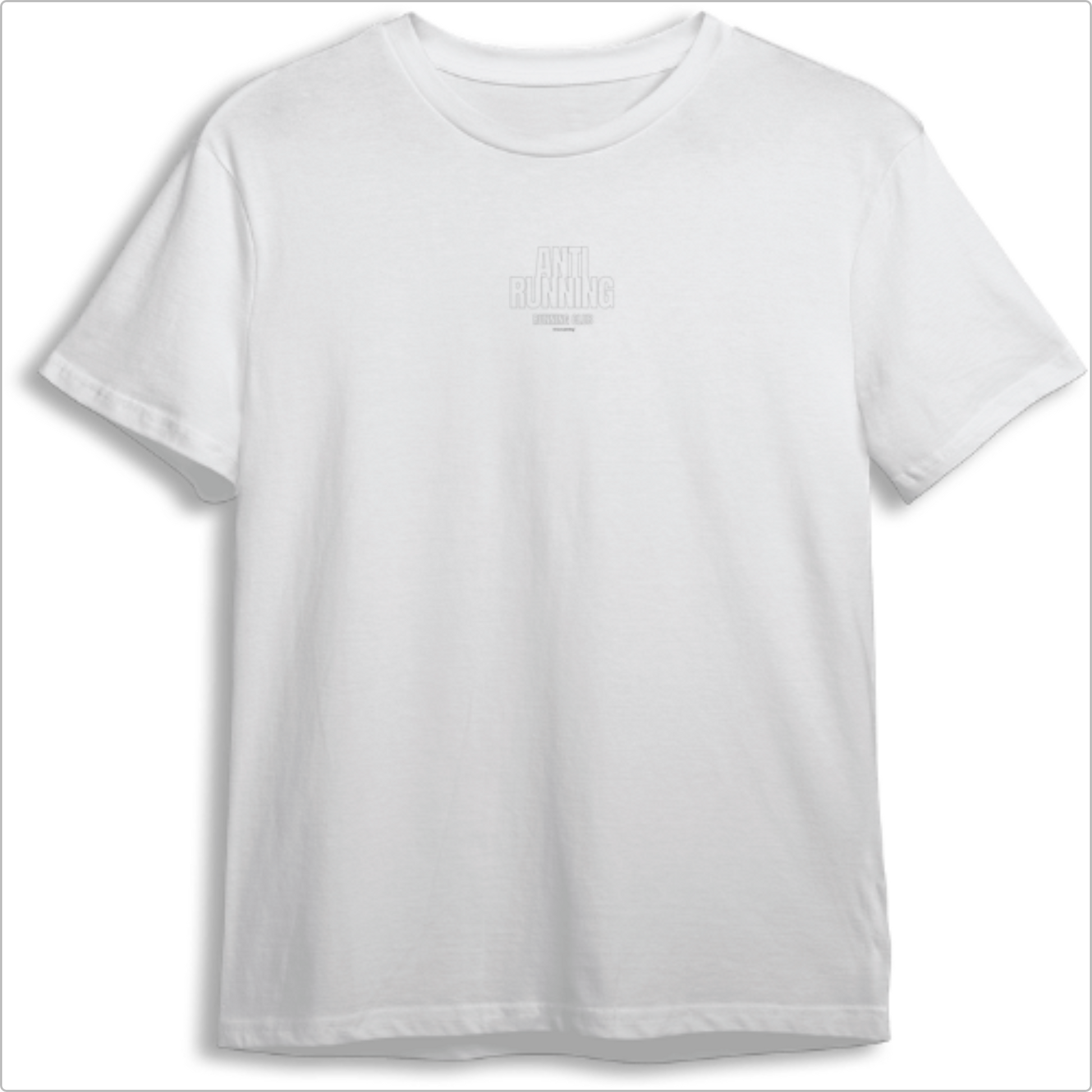 Camiseta com estampa frontal de "ANTI RUNNING" em letras grandes e na parte traseira detalhado texto que celebra o clube e o espírito de corrida casual.