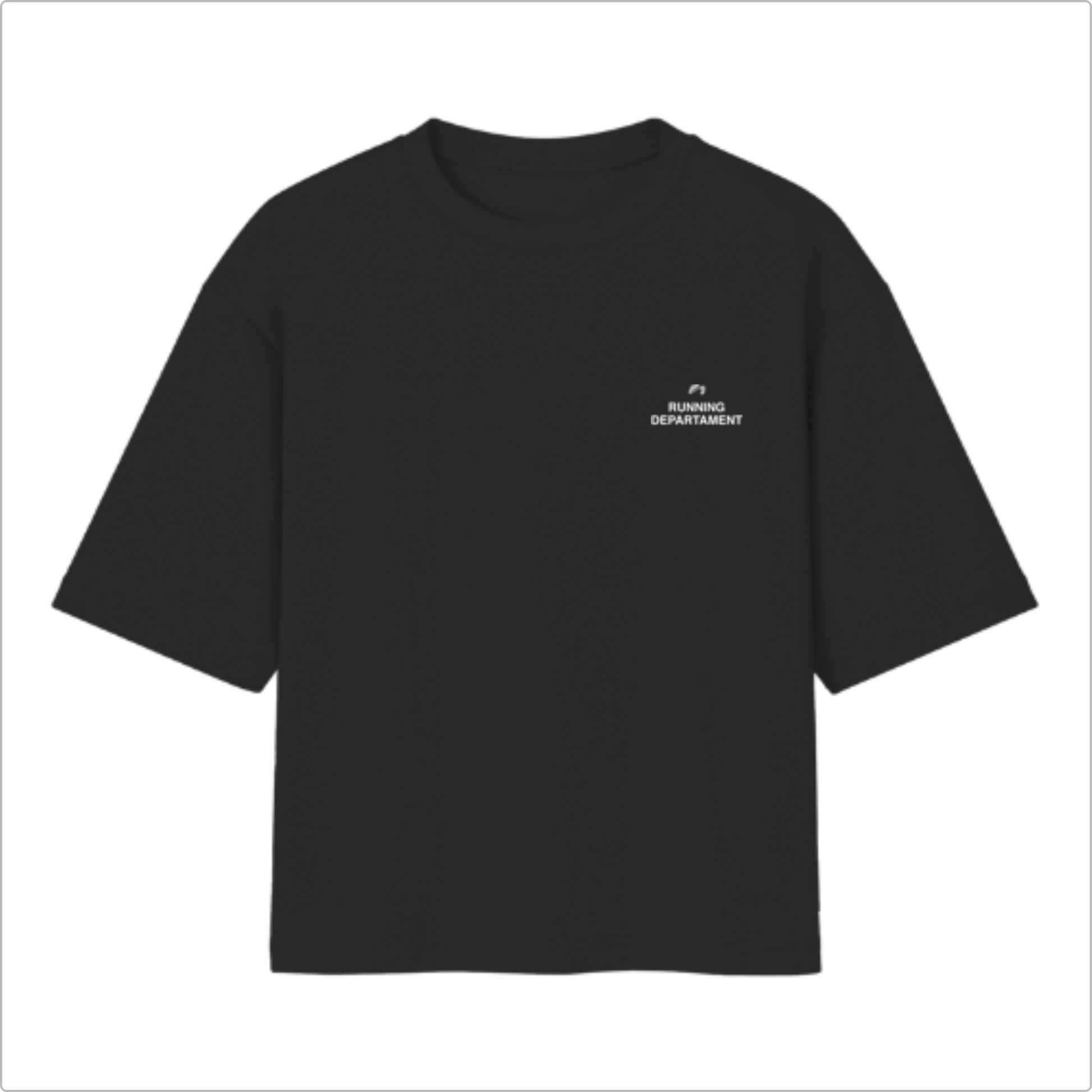 Camiseta com estampa frontal de texto pequeno "RUNNING DEPARTAMENT" e detalhe gráfico, e estampa traseira com texto maior "RUNNING DEPARTAMENT".