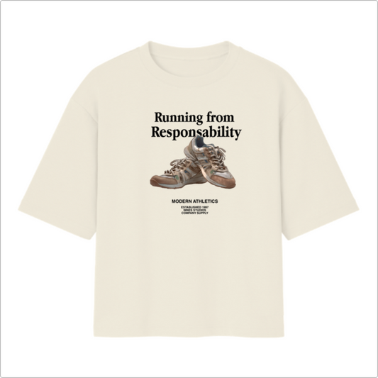 Camiseta com estampa frontal de tênis esportivos sobrepostos e frase "Running from Responsibility", acompanhada por texto "Modern Athletics" em fonte menor.