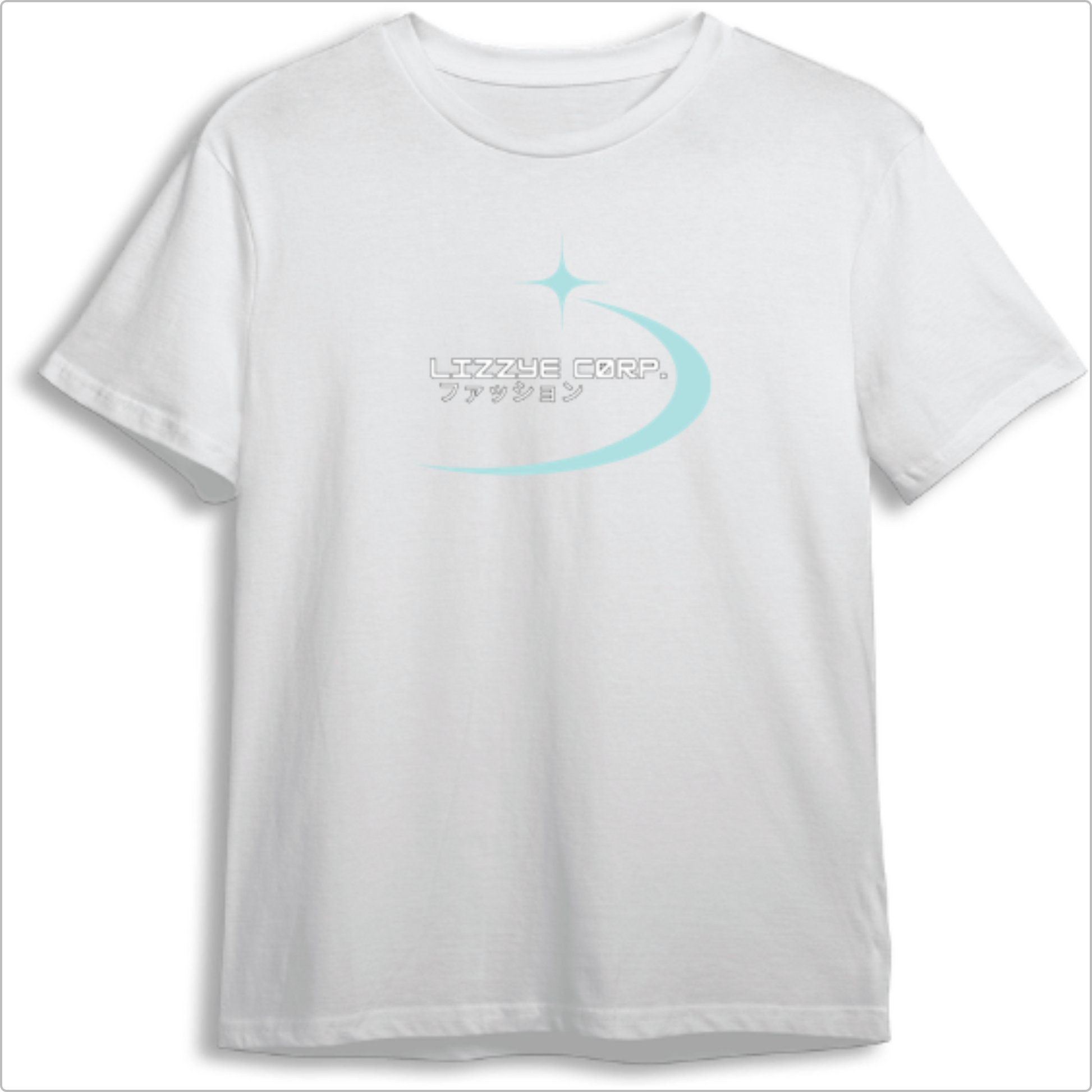 Camiseta com estampa frontal de logo estilizado com escrita "Lizzye Corp." e caracteres japoneses, acompanhados de um elemento gráfico curvo e estrela acima.