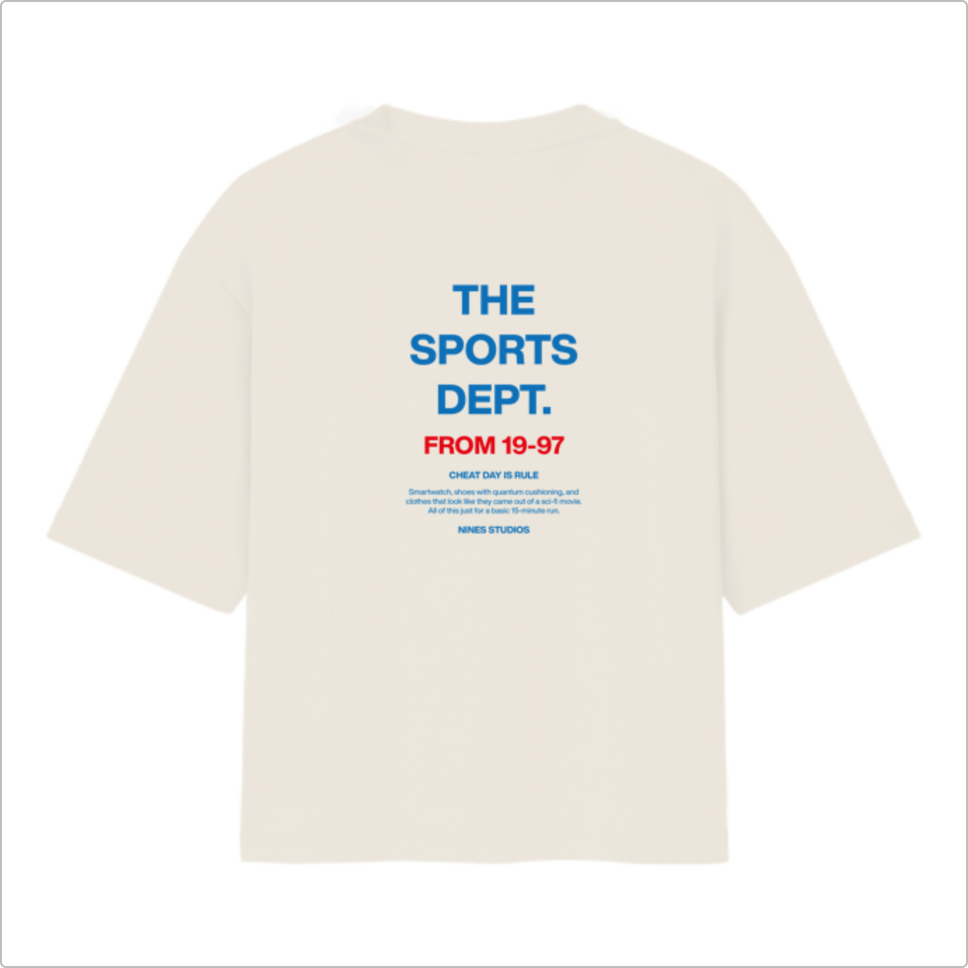 Camiseta com estampa frontal de "THE SPORTS DEPT." e estampa traseira de texto "THE SPORTS DEPT. FROM 19-97" e frases adicionais de estilo.
