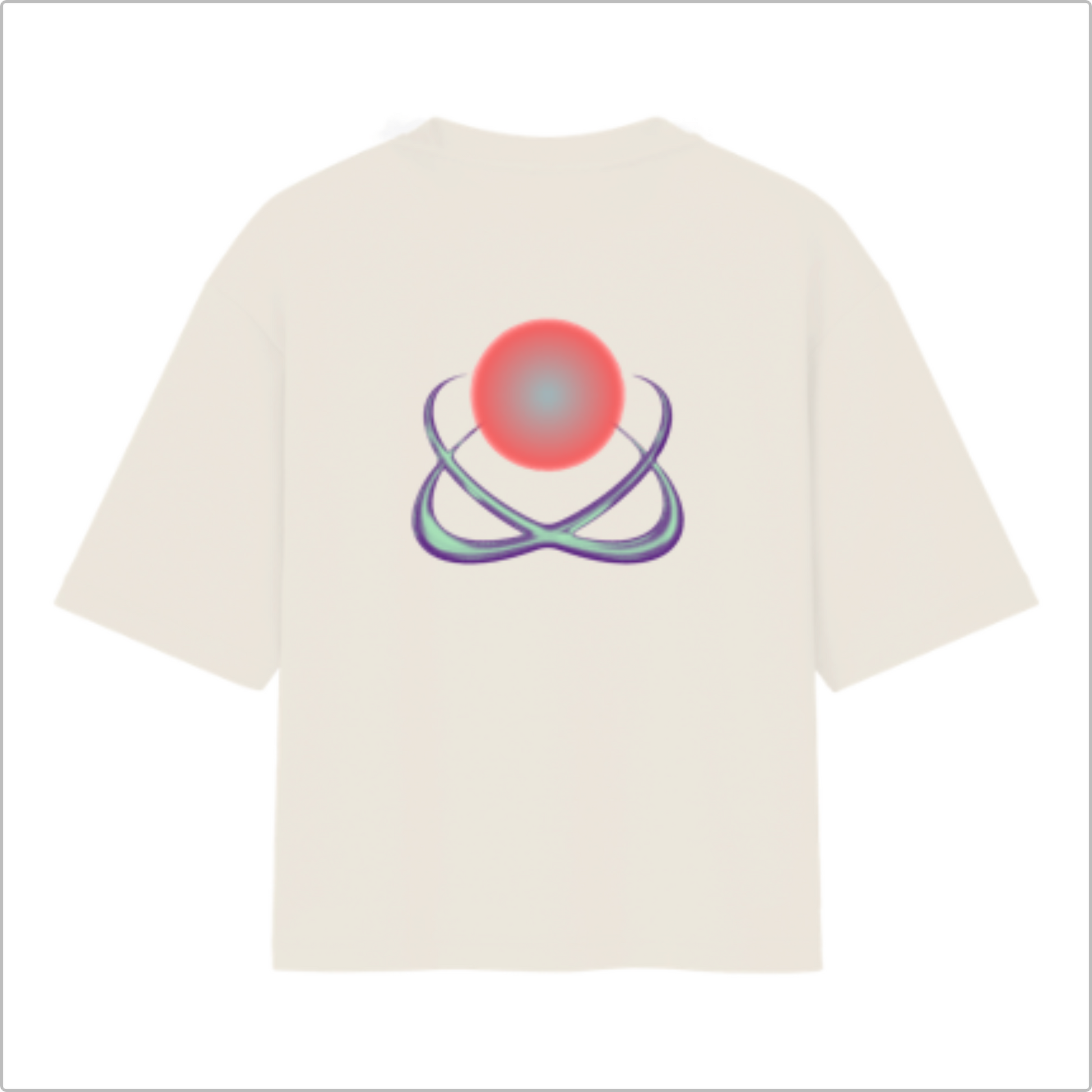 Camiseta com estampa frontal de texto "LIZZYÊ CORP." sobre saturno estilizado, e estampa traseira de átomo estilizado com círculo central destacado.