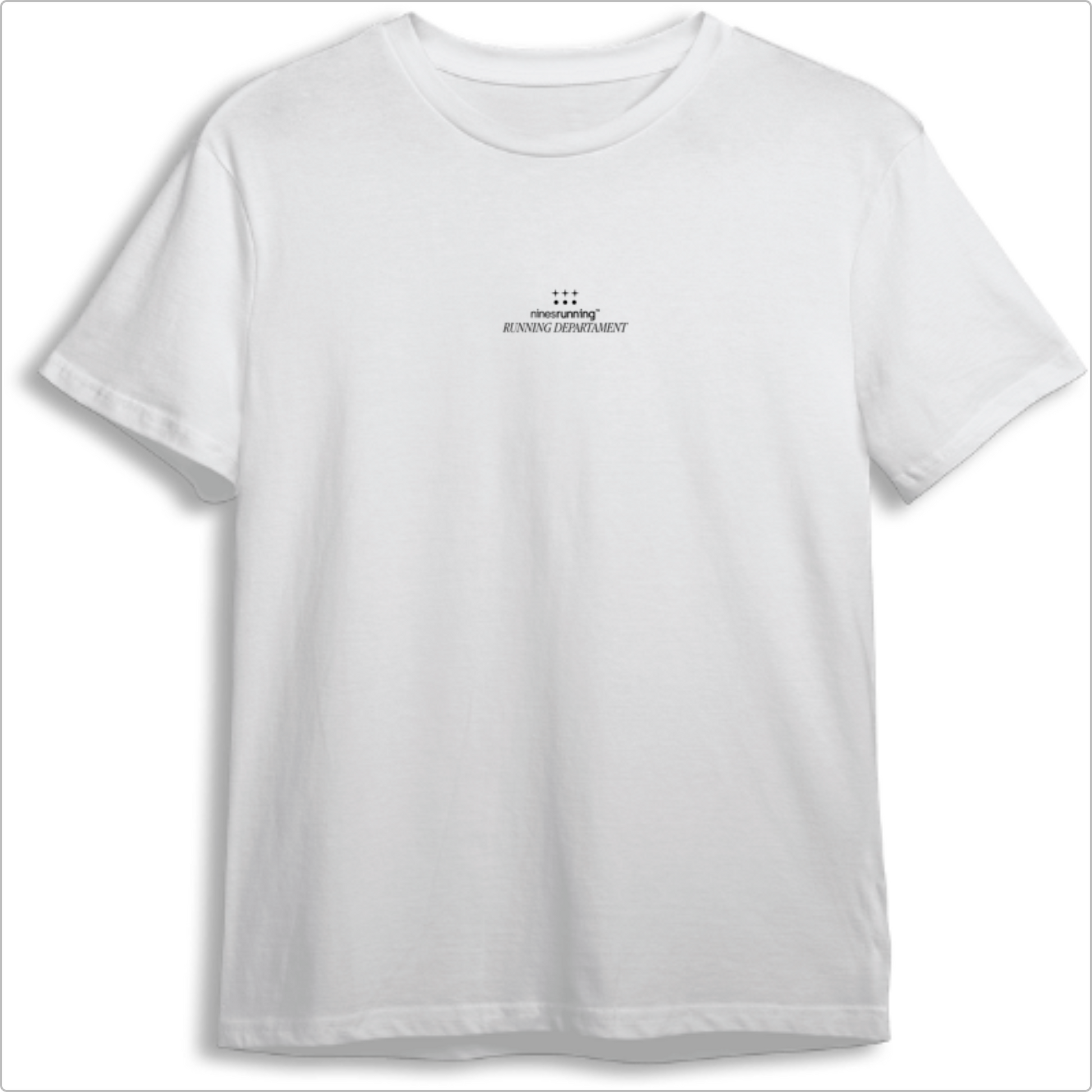 Camiseta com estampa frontal de "ninesrunning RUNNING DEPARTMENT" acompanhada por ícones, e estampa traseira com mesma frase, ícones e texto explicativo.