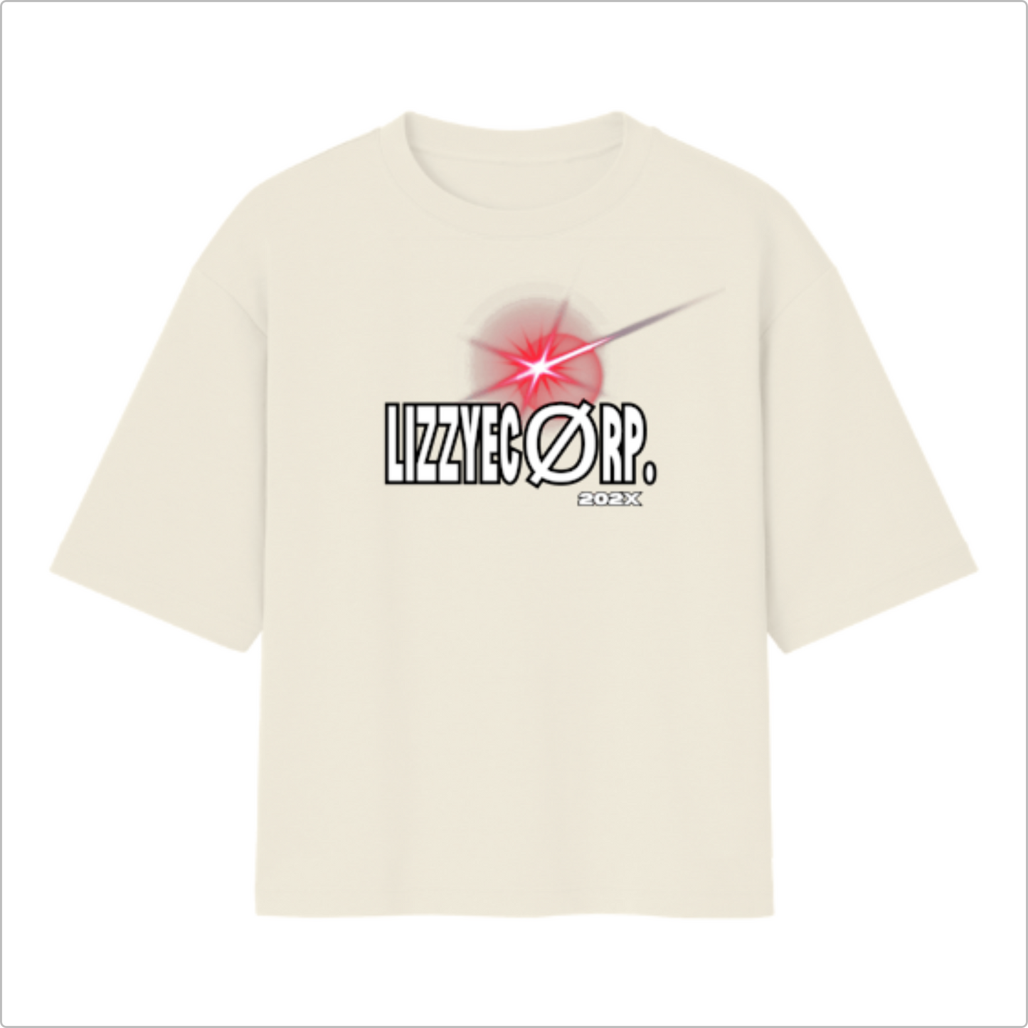Camiseta com estampa frontal de texto "LIZZYEØRP. 202X" acompanhada de um brilho de luz vermelho intenso, gerando um efeito de destaque.