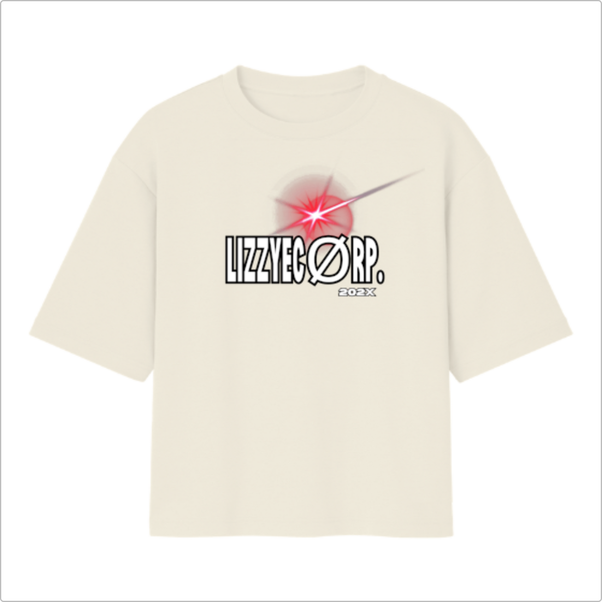 Camiseta com estampa frontal de texto "LIZZYEØRP. 202X" acompanhada de um brilho de luz vermelho intenso, gerando um efeito de destaque.
