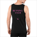 Camiseta regata com estampa frontal de "TEAM 092" e símbolo cruzado e estampa traseira de "RUNNING CLUB" com texto inferior e logotipo pequeno.