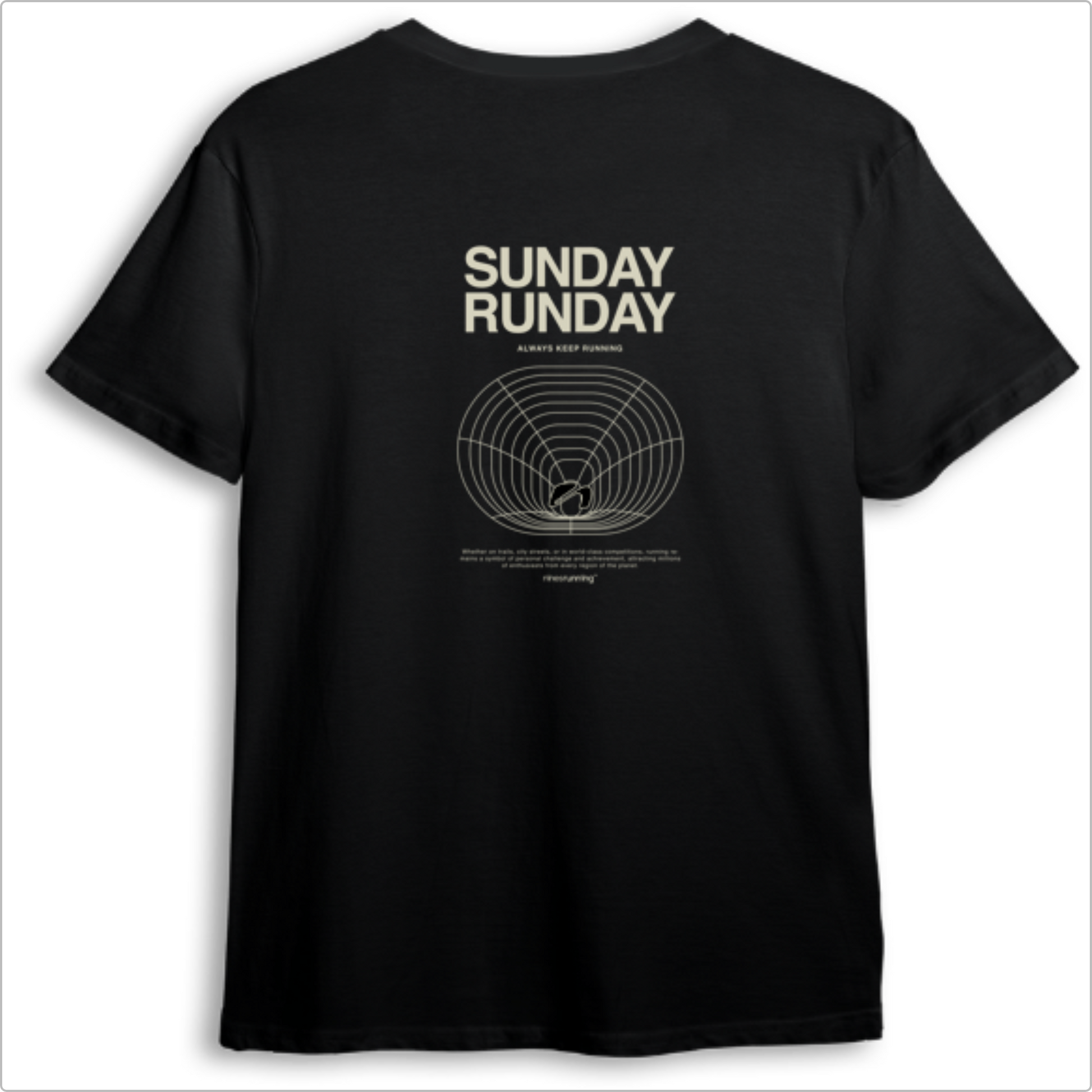 Camiseta com estampa frontal de logotipo minimalista "ninesrunning" e estampa traseira com texto "SUNDAY RUNDAY", gráfico circular detalhado e frase motivacional.
