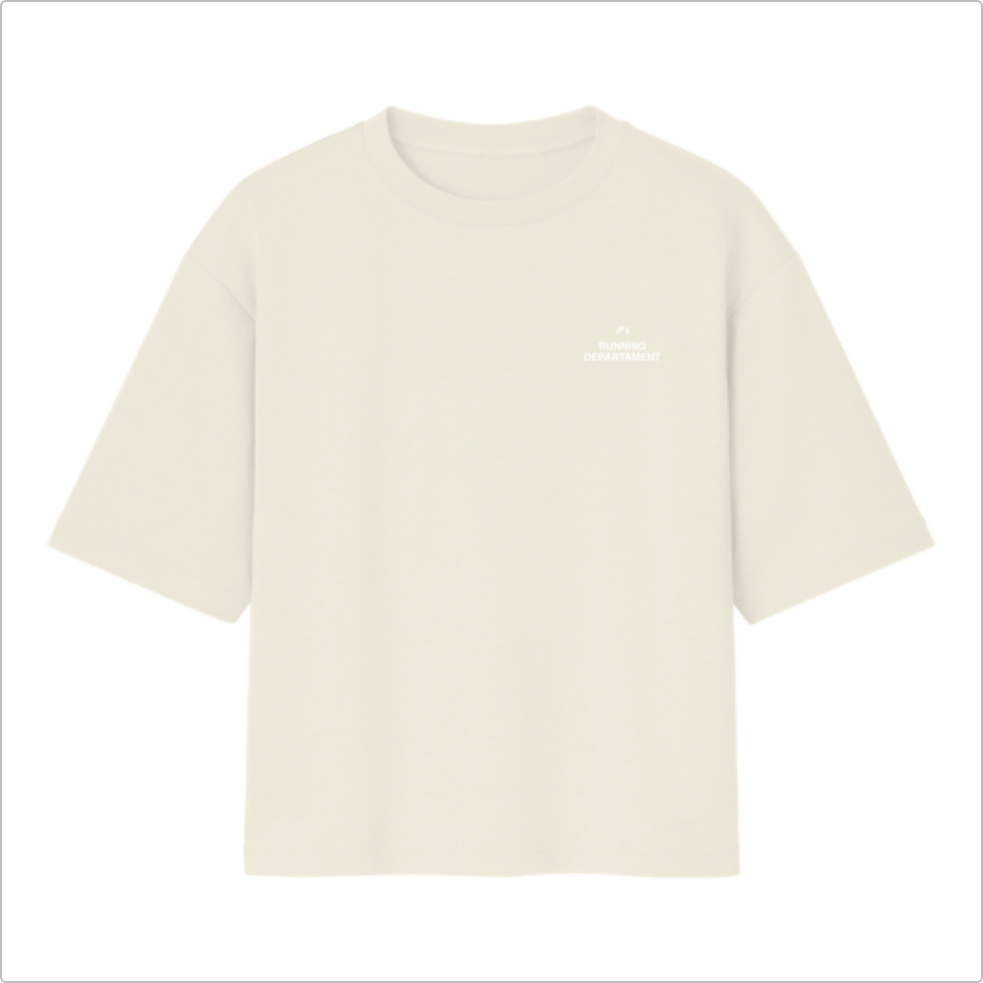 Camiseta com estampa frontal de texto discreto "Running Departament" e estampa traseira com texto maior "Running Departament" centralizado.