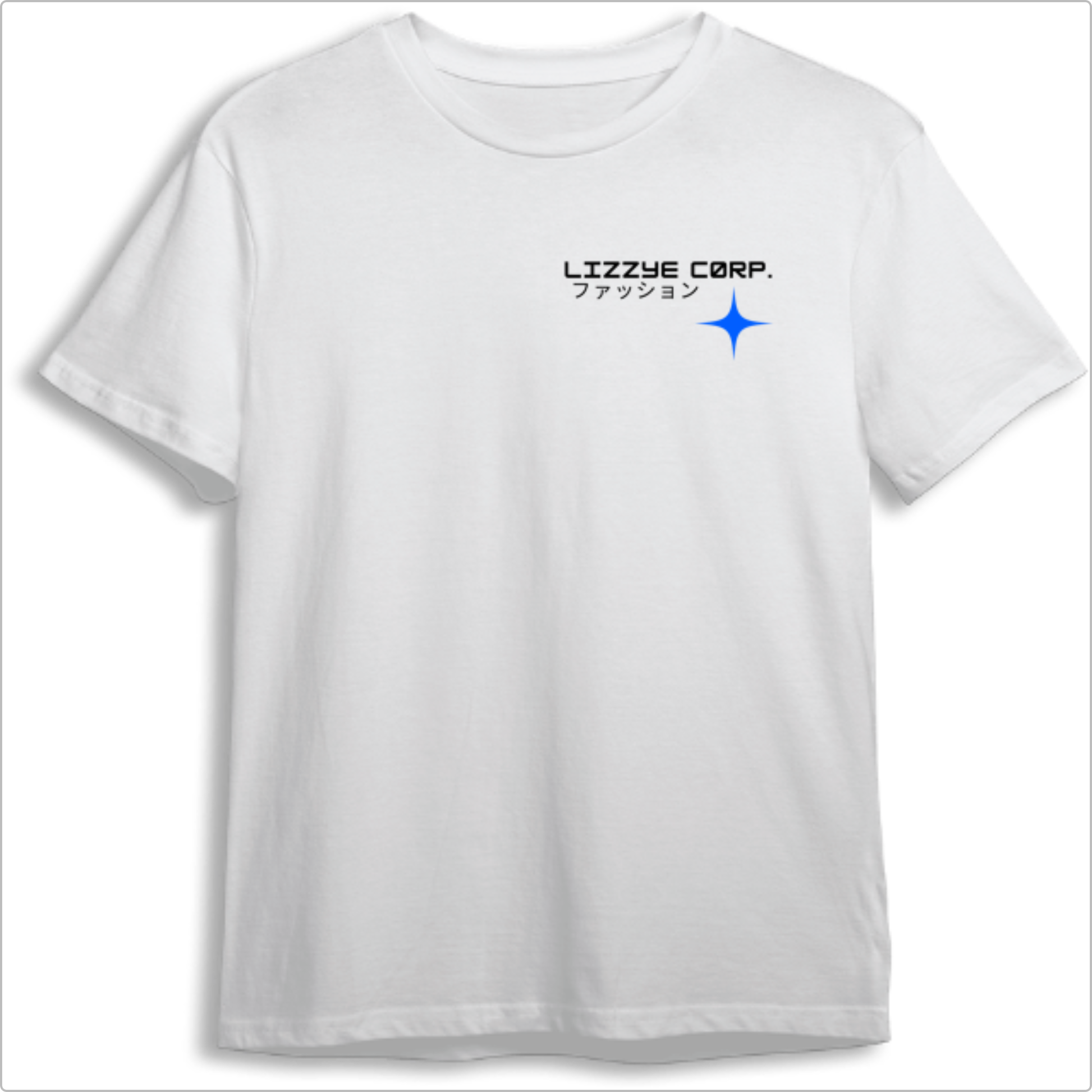 Camiseta com estampa frontal de "Lizzye Corp." em letras estilizadas e símbolo estelar acompanhada de caracteres japoneses, e estampa traseira replicando o logo com maior destaque.