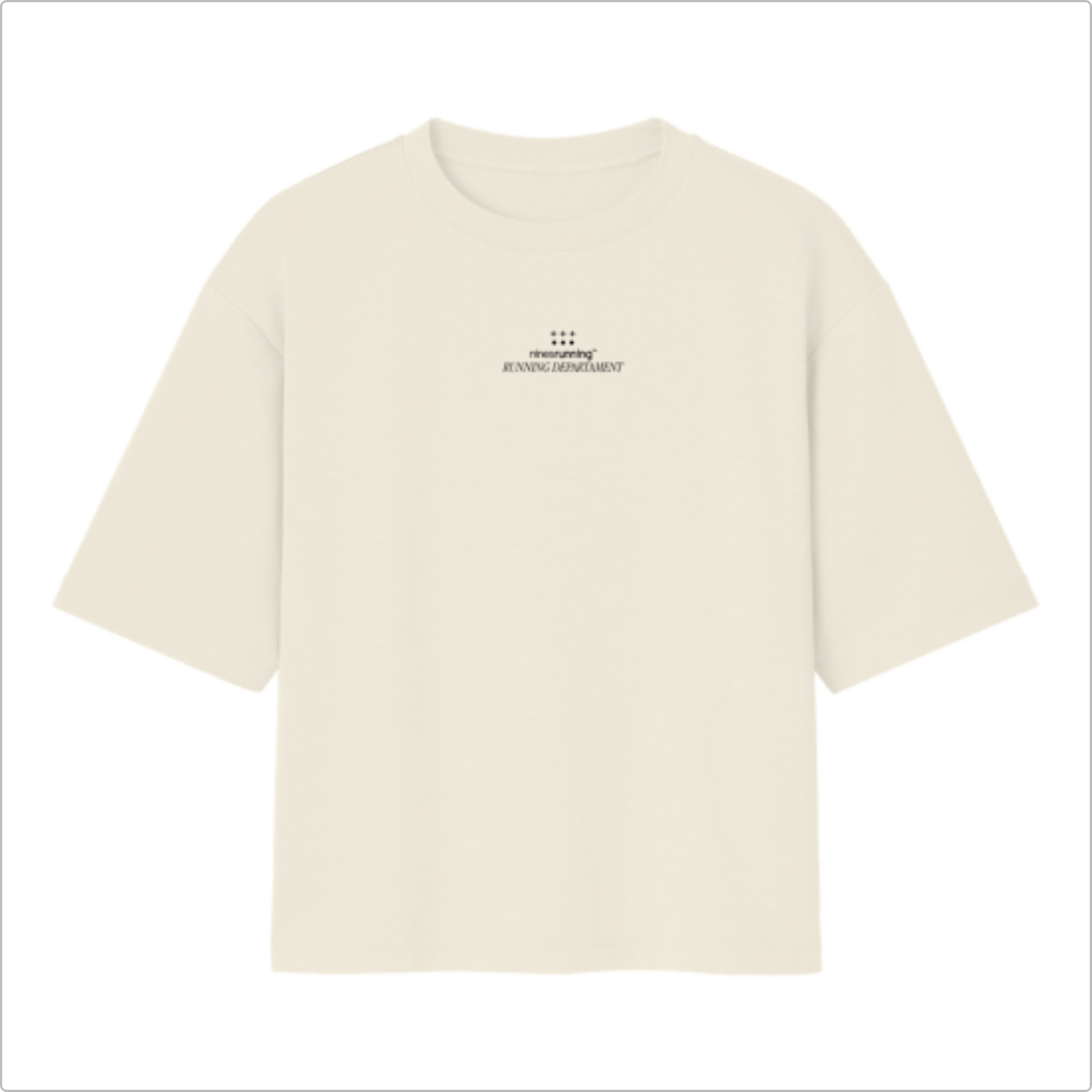 Camiseta com estampa frontal de texto pequeno "ninesrunning RUNNING DEPARTMENT" e estampa traseira com texto ampliado e gráficos orbitais detalhados.