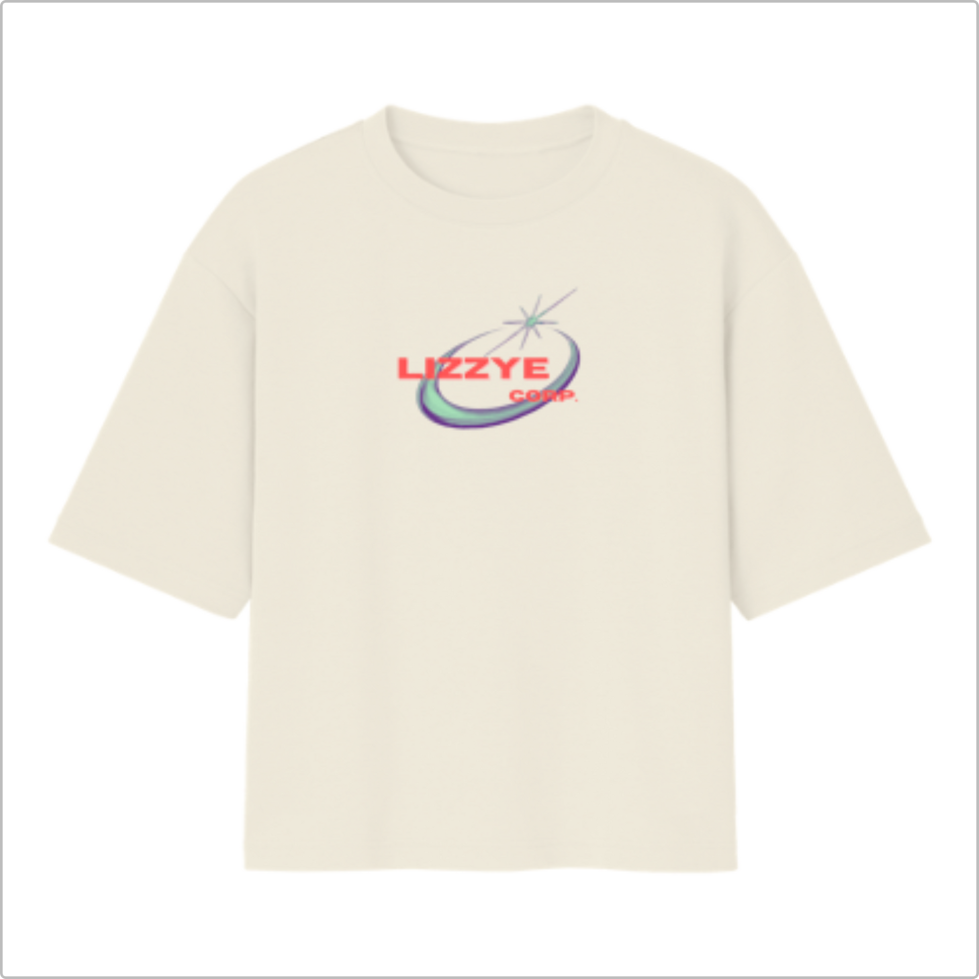 Camiseta com estampa frontal de texto "LIZZYÊ CORP." sobre saturno estilizado, e estampa traseira de átomo estilizado com círculo central destacado.