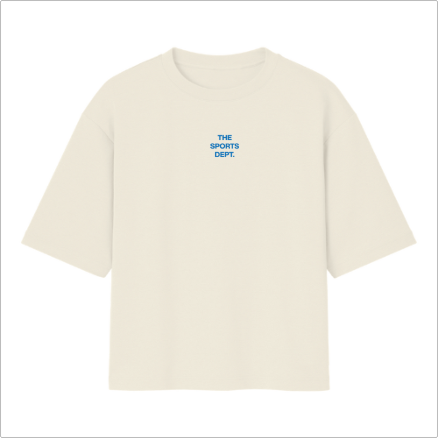 Camiseta com estampa frontal de "THE SPORTS DEPT." e estampa traseira de texto "THE SPORTS DEPT. FROM 19-97" e frases adicionais de estilo.