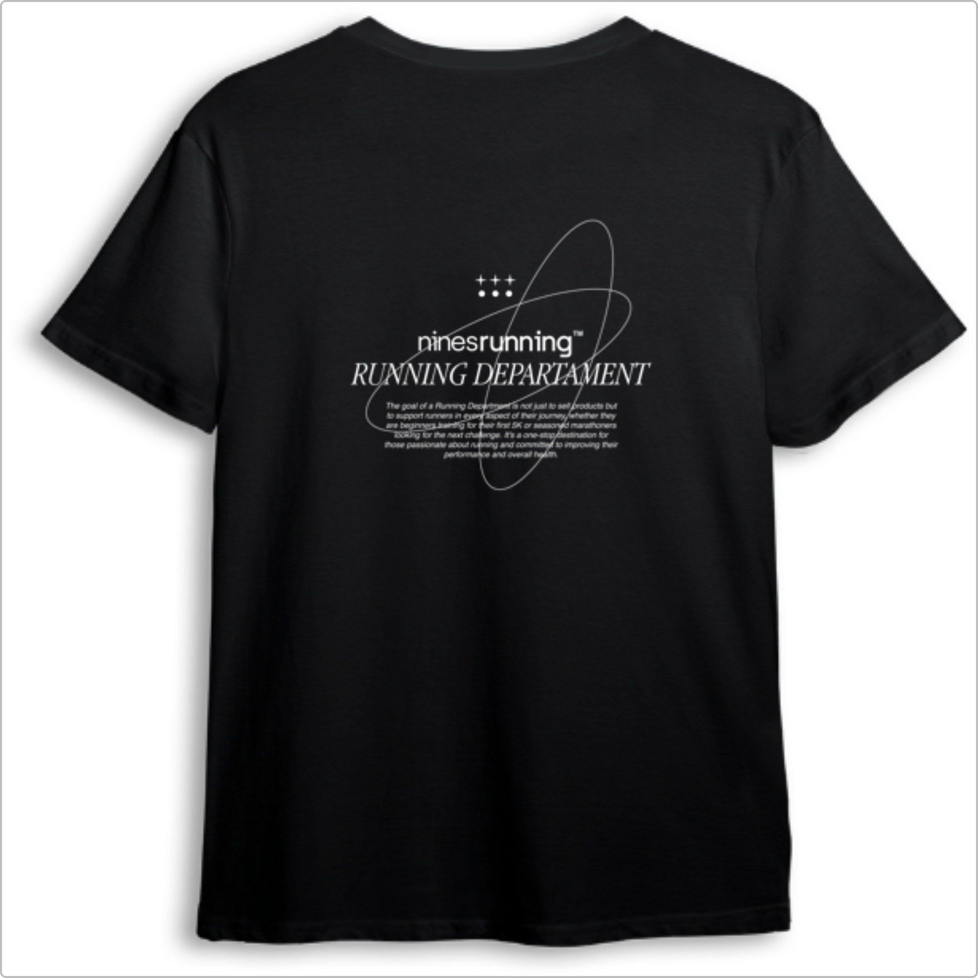 Camiseta com estampa frontal de "ninesrunning RUNNING DEPARTMENT" acompanhada por ícones, e estampa traseira com mesma frase, ícones e texto explicativo.