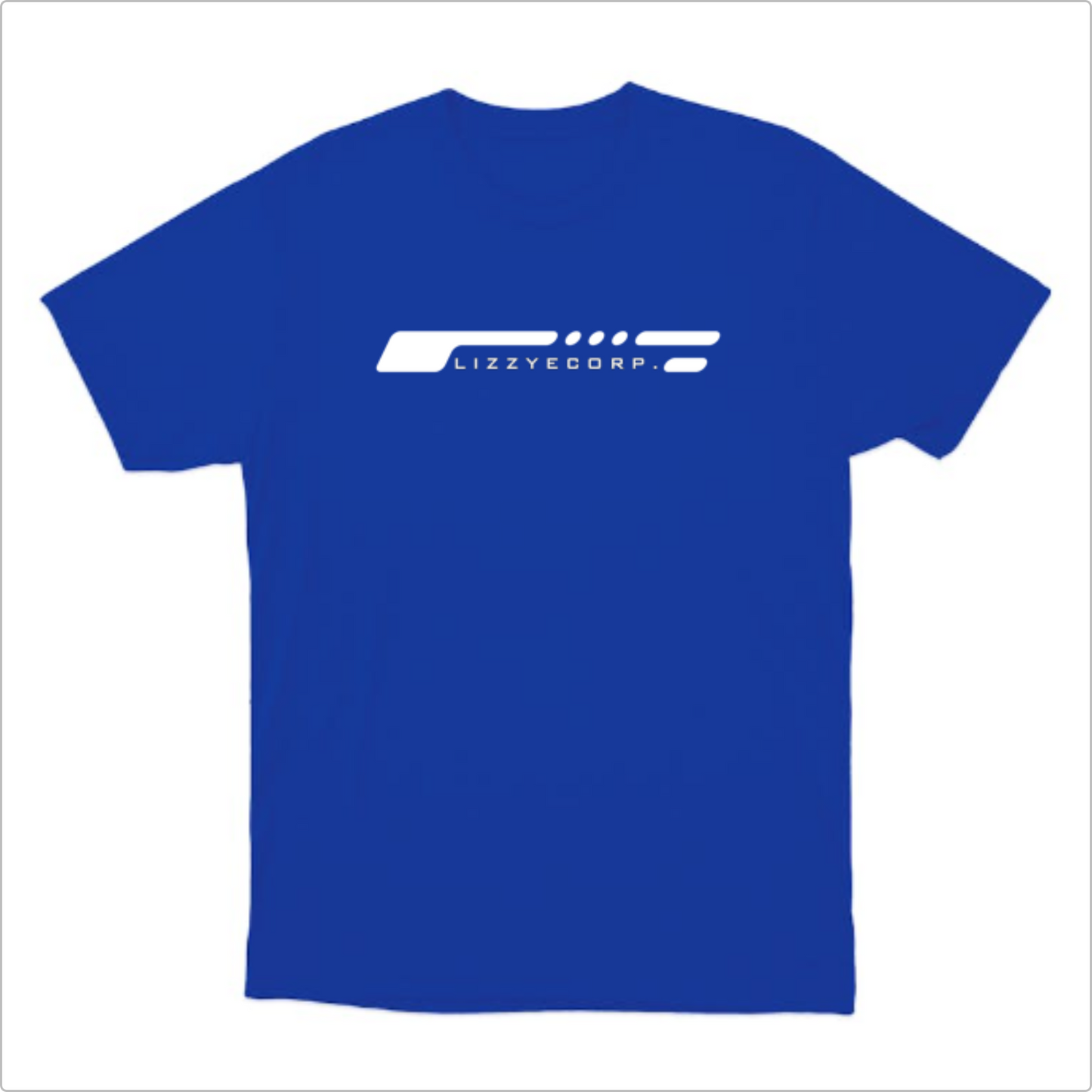 Camiseta com estampa frontal de linhas horizontais estilizadas seguidas do texto "LIZZYECORP." em uma fonte moderna, criando um visual minimalista.