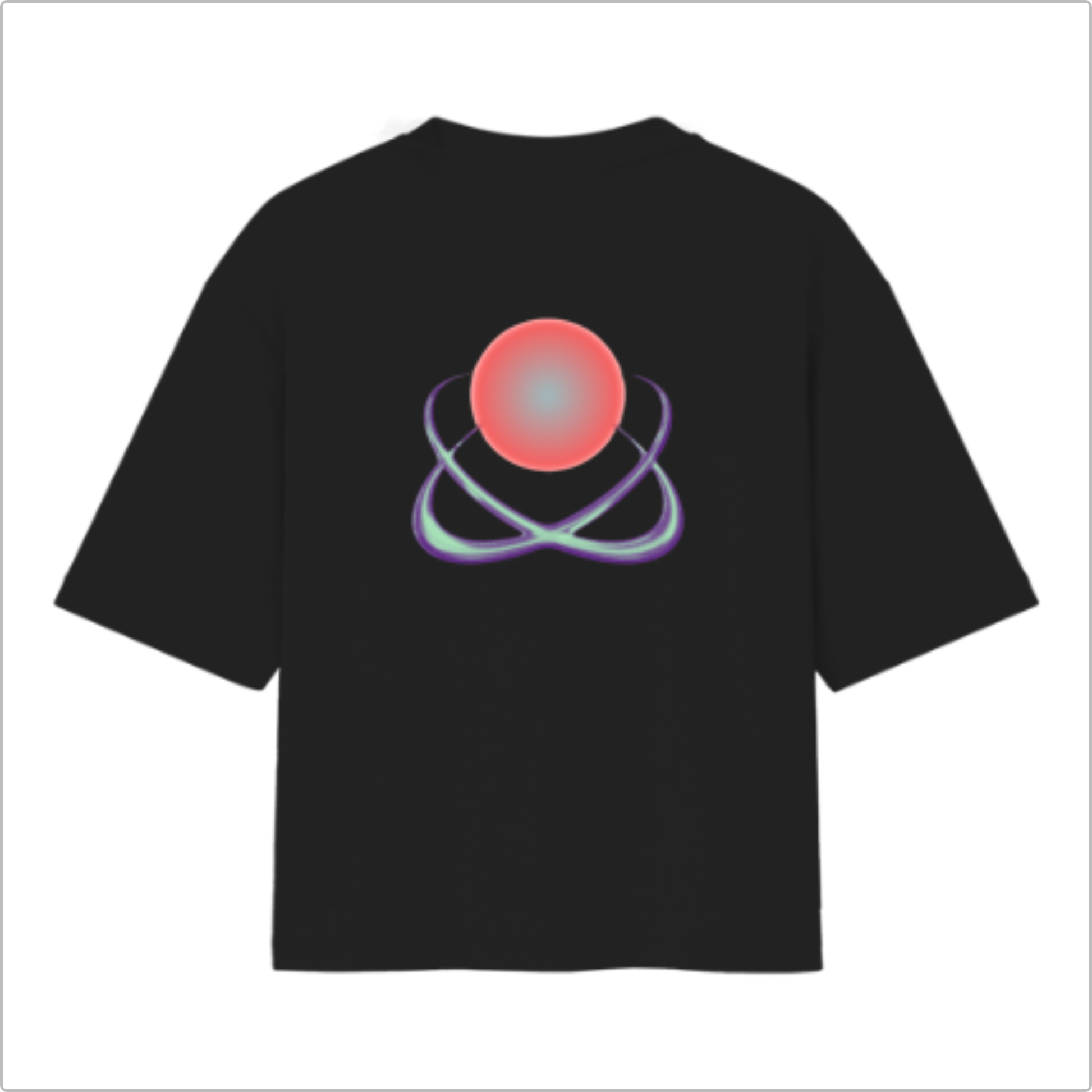 Camiseta com estampa frontal de texto "LIZZYÊ CORP." sobre saturno estilizado, e estampa traseira de átomo estilizado com círculo central destacado.