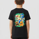 Camiseta com estampa frontal de uma inicial estilizada e estampa traseira com vários personagens icônicos de jogos e animações em um agrupamento vibrante.