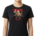 Camiseta com estampa frontal de uma batata musculosa levantando pesos, acompanhada das palavras “Potato Bodybuilder” em letras estilizadas.