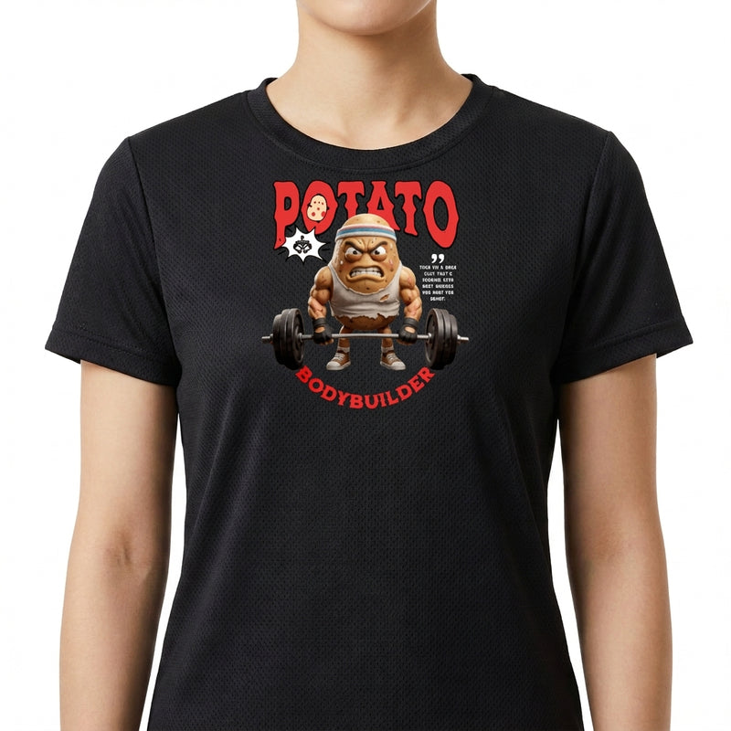 Camiseta com estampa frontal de uma batata musculosa levantando pesos, acompanhada das palavras “Potato Bodybuilder” em letras estilizadas.