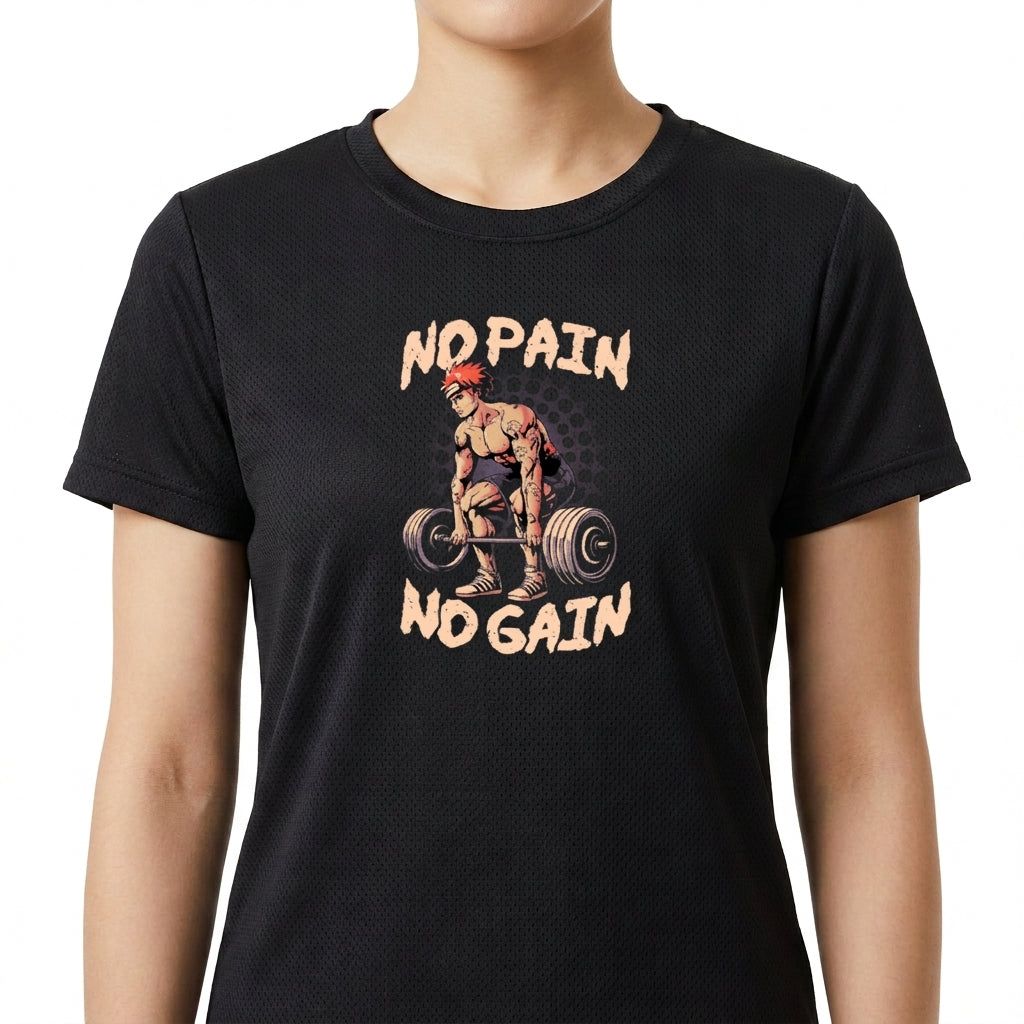 Camiseta com estampa frontal de uma figura masculina levantando pesos, cercada pelas frases "No Pain" acima e "No Gain" abaixo da imagem.