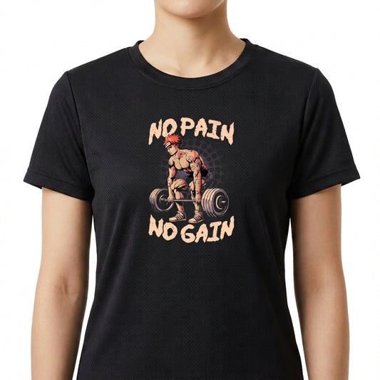 Camiseta com estampa frontal de uma figura masculina levantando pesos, cercada pelas frases "No Pain" acima e "No Gain" abaixo da imagem.