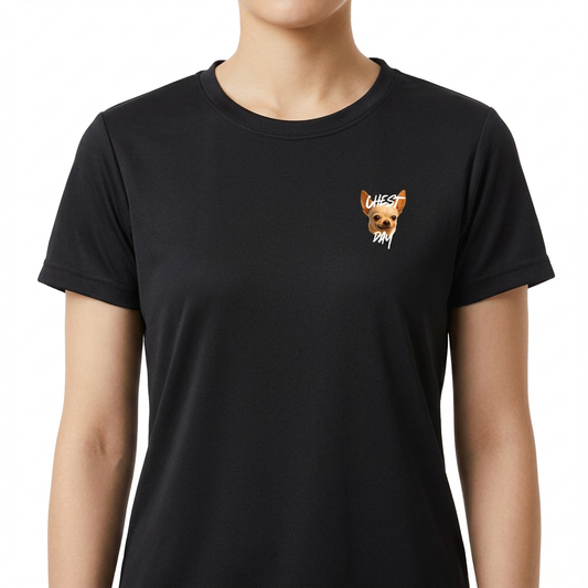Camiseta com estampa frontal de texto estilizado pequeno e estampa traseira de relógio realista com frases e a palavra "Timeless" em destaque.
