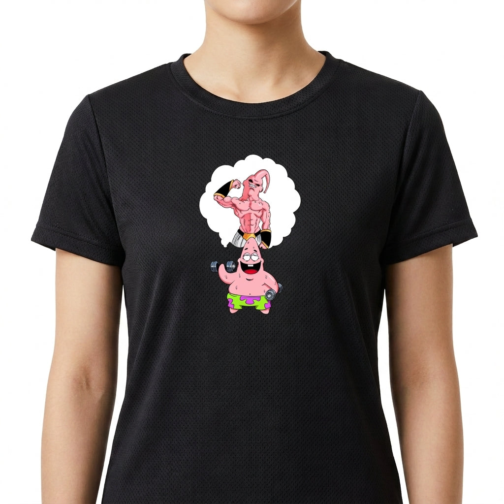 Camiseta com estampa frontal de personagem segurando pesos em pensamento de elefante musculoso com halteres, transmitindo ideia de força e treino.