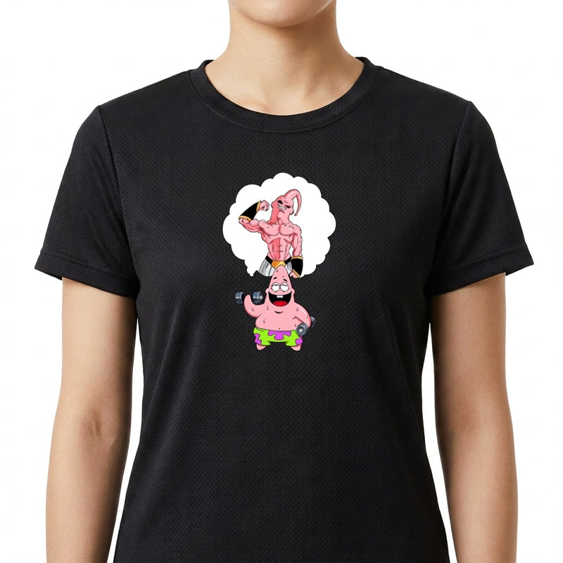 Camiseta com estampa frontal de personagem segurando pesos em pensamento de elefante musculoso com halteres, transmitindo ideia de força e treino.