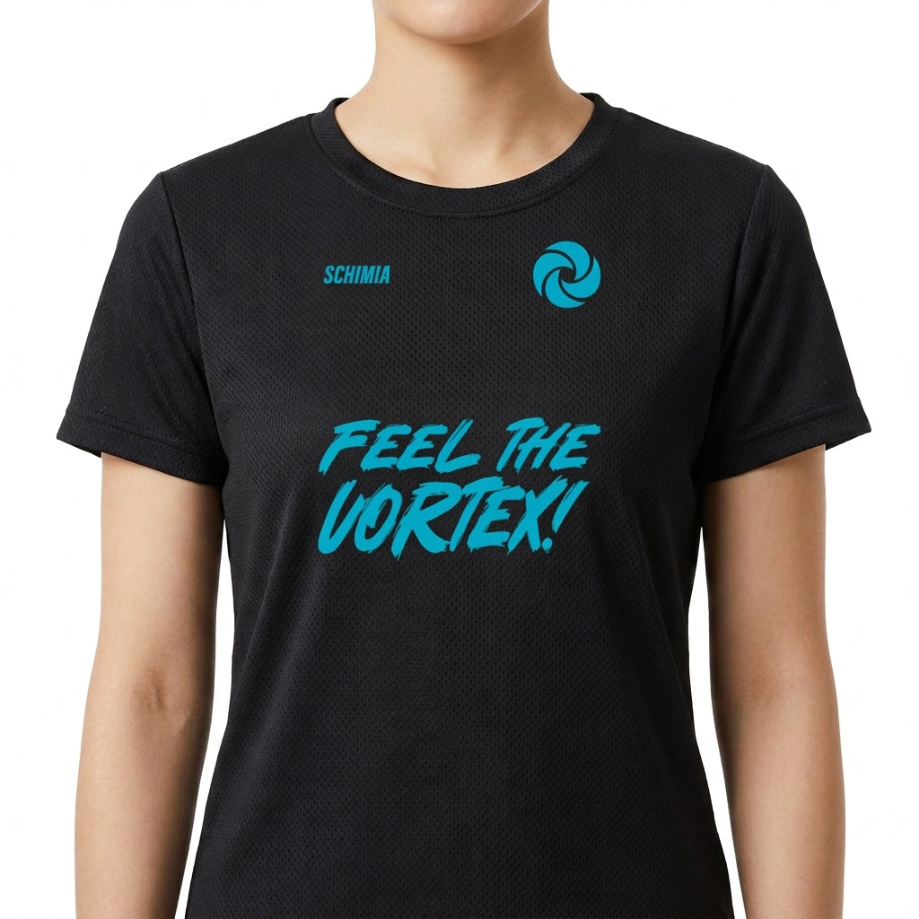 Camiseta com estampa frontal de logotipo circular e texto "FEEL THE VORTEX!" em fonte estilizada e estampa traseira de "BOTUVA 2026 VORTEX 4 WAY TEAM".