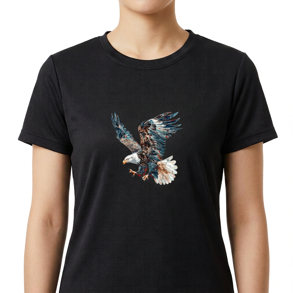 Camiseta com estampa frontal de uma águia em pleno voo, detalhando penas majestosas e olhar penetrante, capturando o momento em que se lança ao ar.