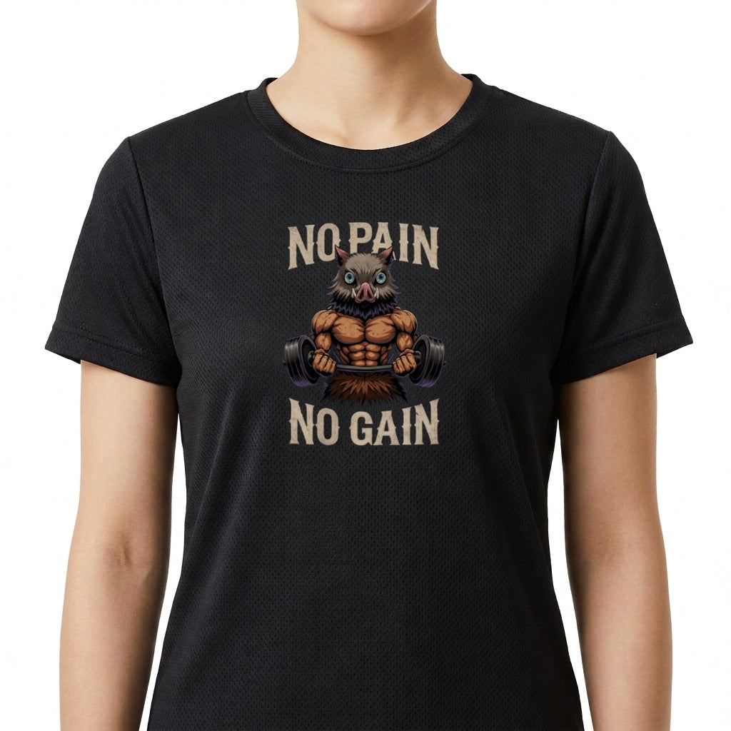 Camiseta com estampa frontal de uma figura musculosa com cabeça de coruja levantando halteres, acompanhada das palavras "No Pain No Gain".