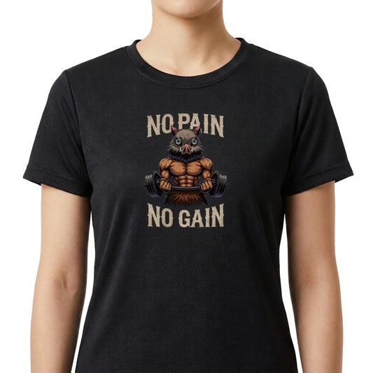 Camiseta com estampa frontal de uma figura musculosa com cabeça de coruja levantando halteres, acompanhada das palavras "No Pain No Gain".