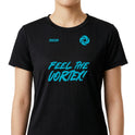 Camiseta com estampa frontal de texto "FEEL THE VORTEX!" e ícone espiral no peito, e estampa traseira de texto "BOTUVA 2026 VORTEX 4 WAY TEAM" com espiral.