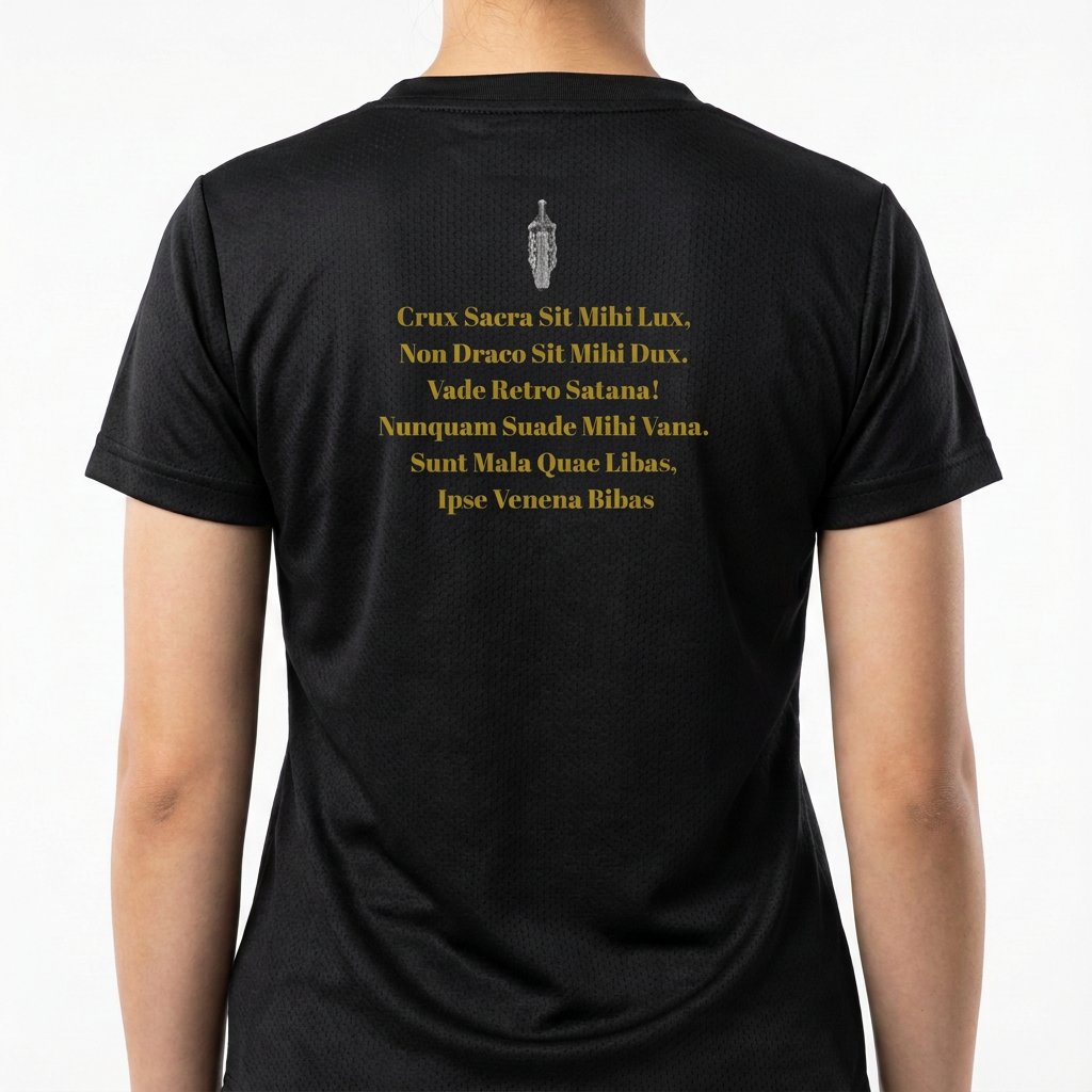 Camiseta com estampa frontal de símbolo circular ornamentado com detalhes intrincados e estampa traseira de texto sobreposto por símbolo em cima.