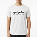 Camiseta com estampa frontal de "aparigraha. desapego" e estampa traseira de termos "yamas, satya, brahmacharya, ahimsa, asteya, aparigraha" com suas traduções.