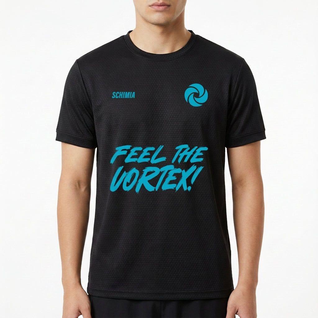 Camiseta com estampa frontal de logotipo circular e texto "FEEL THE VORTEX!" em fonte estilizada e estampa traseira de "BOTUVA 2026 VORTEX 4 WAY TEAM".