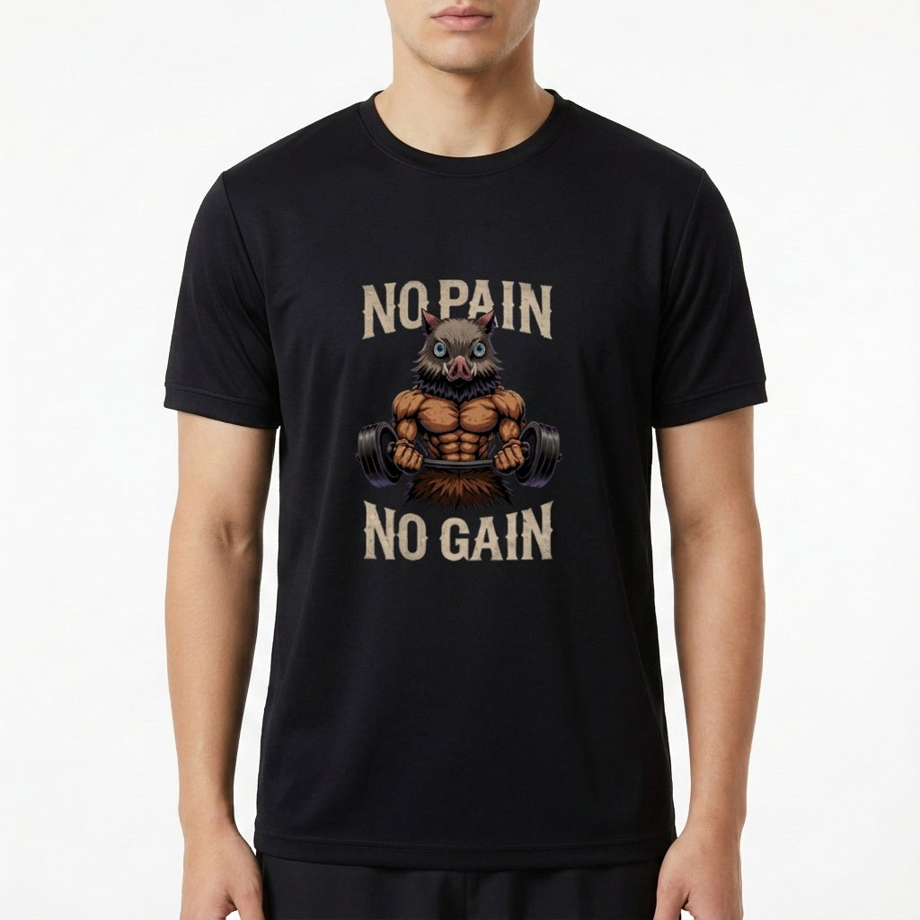 Camiseta com estampa frontal de uma figura musculosa com cabeça de coruja levantando halteres, acompanhada das palavras "No Pain No Gain".